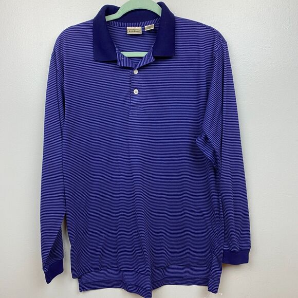 LL Bean Shirt Mens M Purple Long Sleeve Polo Striped Made in Canada 0 DD78 - Picture 1 of 8